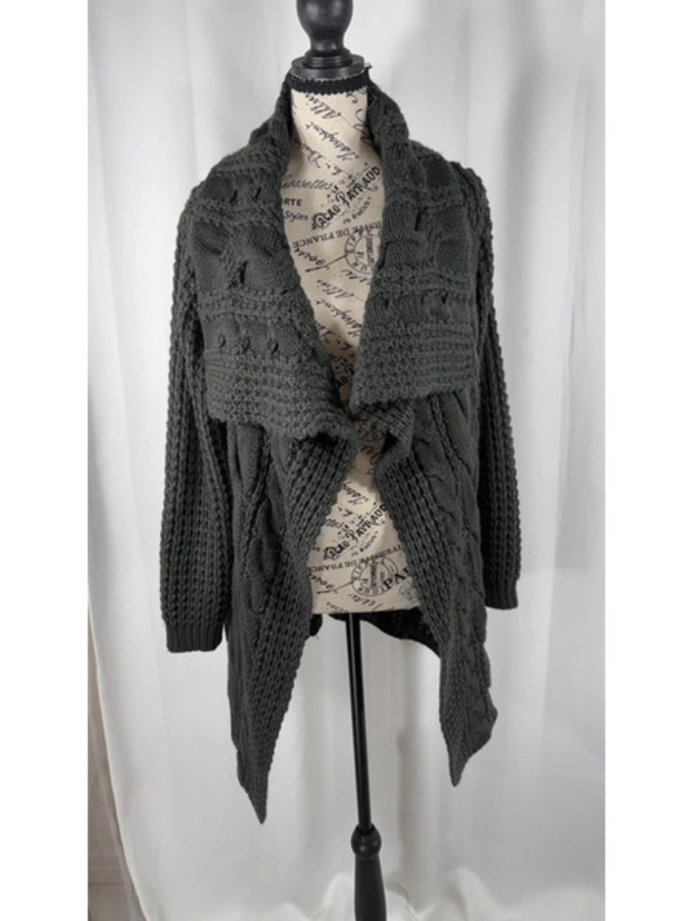 Pol Cable Knit Cardigan Draped Collar Waterfall Chunky Cozy Gray Sweater Small